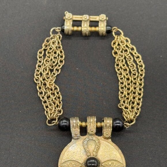 Vintage Egyptian Revival Gold Tone Chain Statement Brooch Pin Black Cabochons - Picture 3 of 14